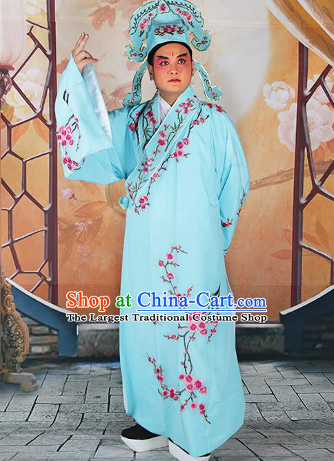 Professional Chinese Peking Opera Niche Costume Traditional Peking Opera Plum Blossom Light Blue Robe and Hat for Adults