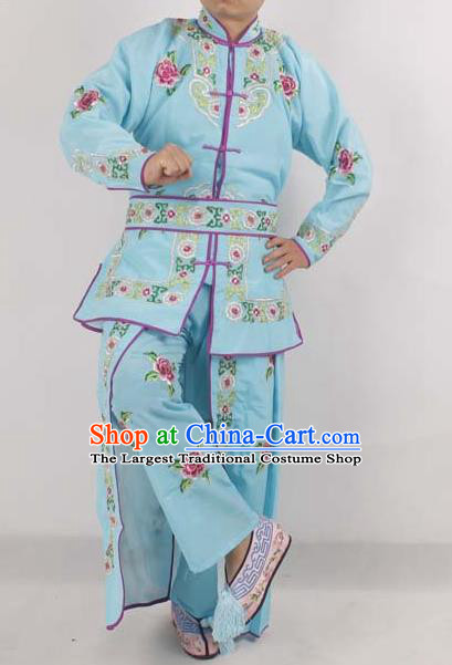 Chinese Peking Opera Female Warrior Costume Ancient Swordswoman Embroidered Blue Clothing for Adults