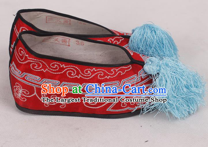 Chinese Traditional Beijing Opera Diva Embroidered Shoes Peking Opera Red Cloth Shoes for Women
