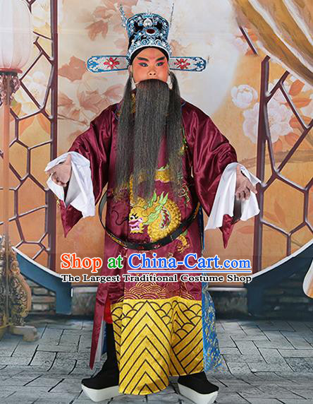 Professional Chinese Peking Opera Old Gentleman Costume Embroidered Robe and Hat for Adults