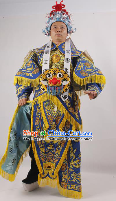 Professional Chinese Peking Opera General Blue Embroidered Costume Beijing Opera Takefu Clothing and Hat for Adults
