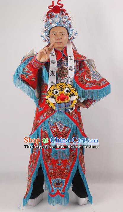 Professional Chinese Peking Opera General Red Embroidered Costume Beijing Opera Takefu Clothing and Hat for Adults