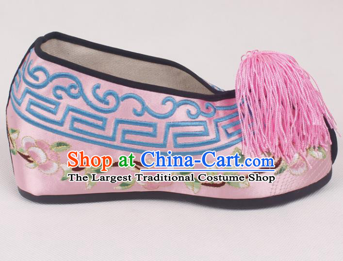 Chinese Traditional Beijing Opera Pink Embroidered Shoes Peking Opera Diva Blood Stained Shoes for Women