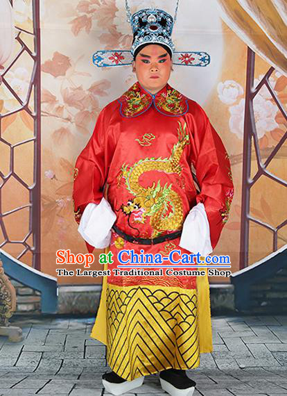 Professional Chinese Peking Opera Old Gentleman Costume Red Embroidered Robe and Hat for Adults