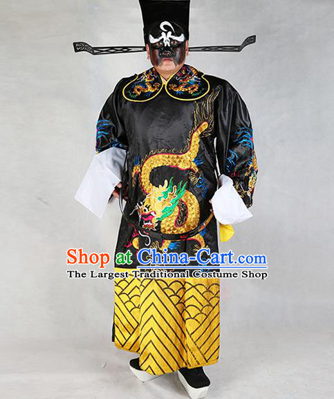 Professional Chinese Peking Opera Old Gentleman Costume Black Embroidered Robe and Hat for Adults