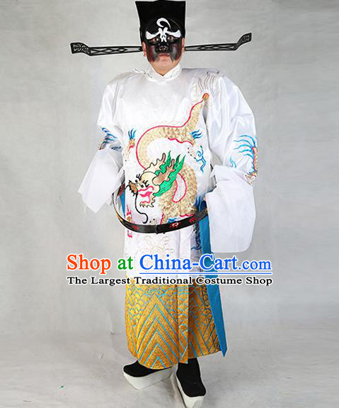 Professional Chinese Peking Opera Old Gentleman Costume White Embroidered Robe and Hat for Adults