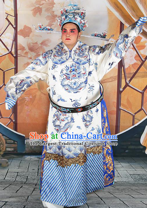 Professional Chinese Peking Opera White Embroidered Robe Prime Minister Costumes and Hat for Adults