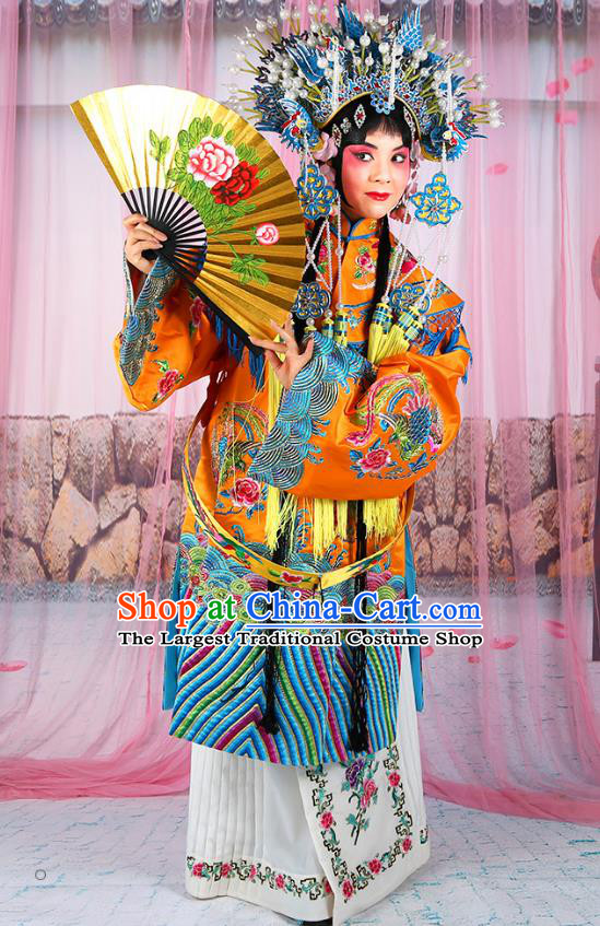 Professional Chinese Beijing Opera Diva Imperial Empress Embroidered Yellow Costumes and Phoenix Coronet for Adults