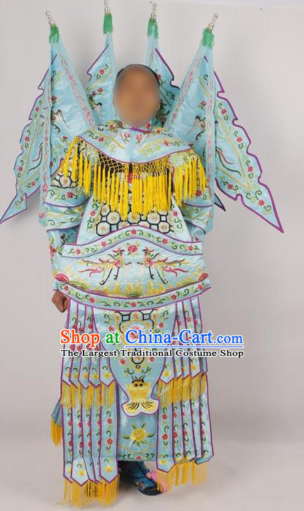 Professional Chinese Peking Opera Female General Mu Guiying Embroidered Light Blue Costumes for Adults
