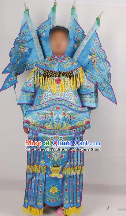 Professional Chinese Peking Opera Female General Mu Guiying Embroidered Blue Costumes for Adults