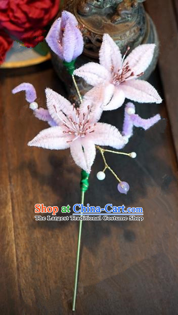 Top Grade Chinese Handmade Hair Accessories Qing Dynasty Pink Velvet Flowers Hairpins for Women