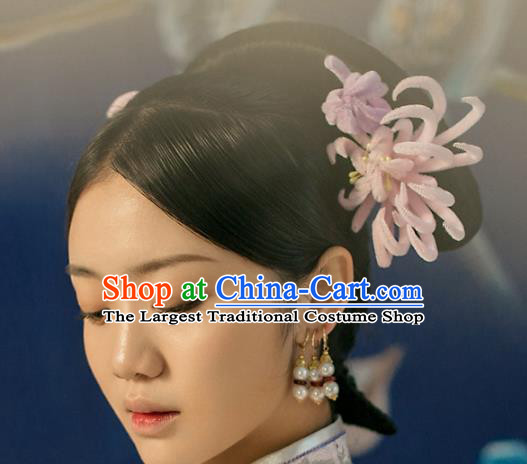 Top Grade Chinese Handmade Hair Accessories Qing Dynasty Pink Velvet Chrysanthemum Flowers Hairpins for Women