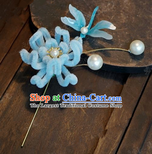 Top Grade Chinese Handmade Hair Accessories Qing Dynasty Blue Velvet Chrysanthemum Flowers Hairpins for Women