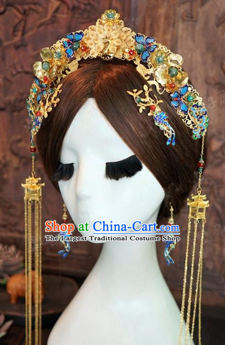 Chinese Handmade Ancient Wedding Hair Accessories Cloisonne Phoenix Coronet Tassel Hairpins Complete Set for Women