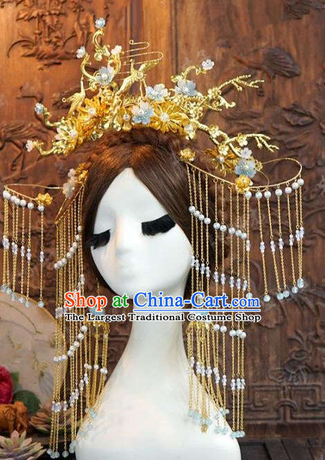 Chinese Handmade Ancient Wedding Hair Accessories Golden Tassel Phoenix Coronet Hairpins Complete Set for Women