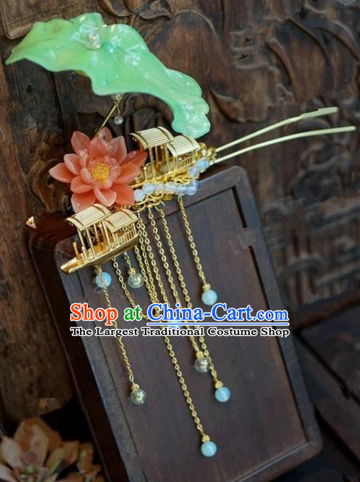 Chinese Handmade Ancient Hair Accessories Ancient Hanfu Boat Lotus Tassel Hairpins for Women