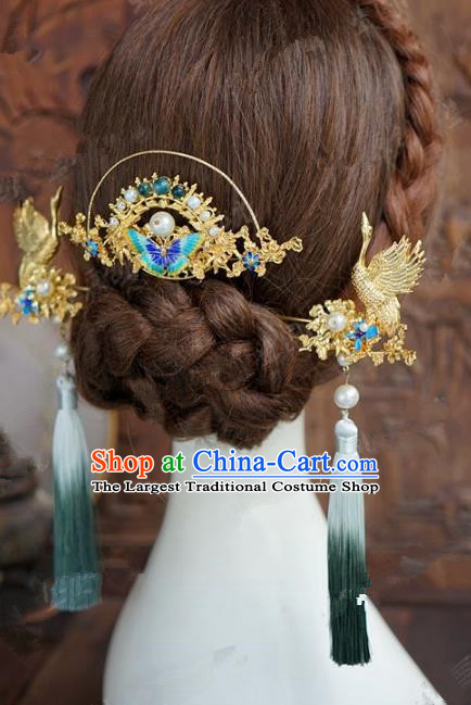 Chinese Handmade Wedding Hair Accessories Ancient Bride Blueing Butterfly Hairpins Complete Set for Women