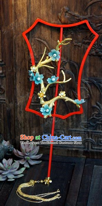 Top Grade Chinese Handmade Palace Fans Ancient Wedding Blue Plum Blossom Round Fans for Women