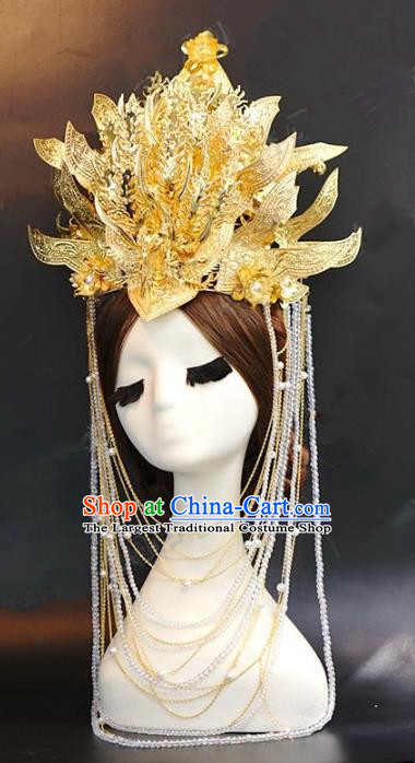 Chinese Traditional Ancient Palace Lady Golden Phoenix Coronet Queen Hairpins Headdress for Women