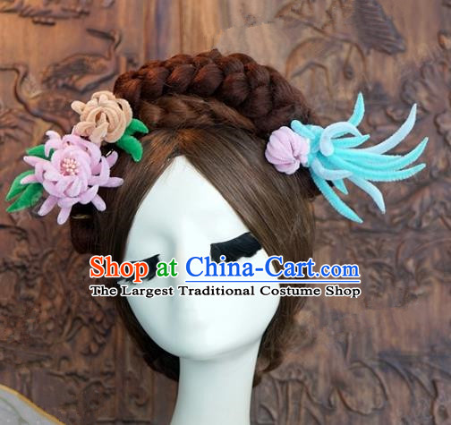 Top Grade Chinese Handmade Hair Accessories Qing Dynasty Princess Velvet Chrysanthemum Hairpins for Women