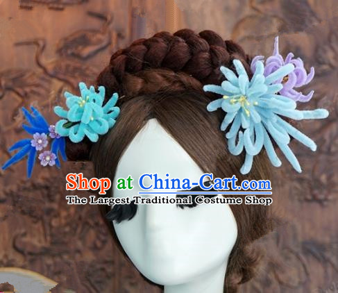 Top Grade Chinese Handmade Hair Accessories Qing Dynasty Princess Blue Velvet Chrysanthemum Hairpins for Women