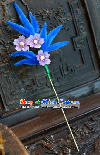 Chinese Handmade Hair Accessories Qing Dynasty Princess Blue Velvet Leaf Hairpins for Women
