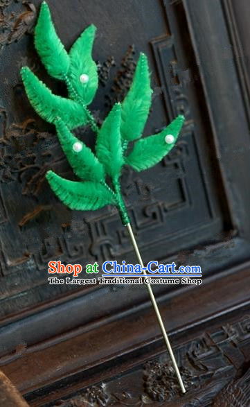 Chinese Handmade Hair Accessories Qing Dynasty Princess Green Velvet Leaf Hairpins for Women