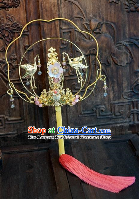 Top Grade Chinese Handmade Palace Fans Ancient Hanfu Cranes Round Fans for Women