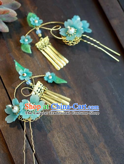 Chinese Handmade Ancient Hair Accessories Princess Blue Flowers Tassel Hairpins for Women