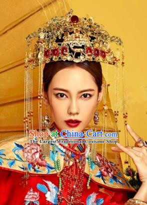 Chinese Traditional Ancient Bride Phoenix Coronet Wedding Headdress Hairpins Complete Set for Women
