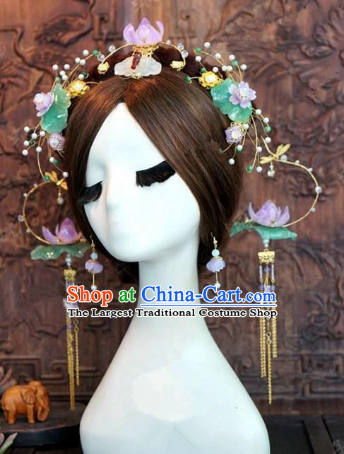 Chinese Handmade Ancient Lotus Phoenix Coronet Wedding Hair Accessories Hairpins Complete Set for Women