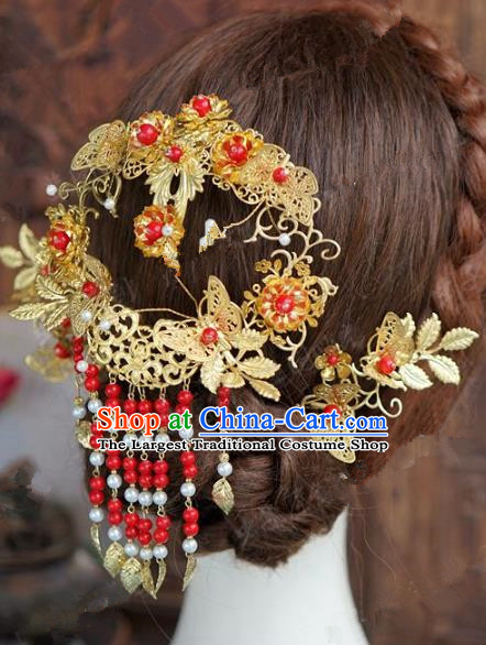 Chinese Handmade Wedding Hair Accessories Ancient Bride Red Beads Tassel Hairpins Complete Set for Women