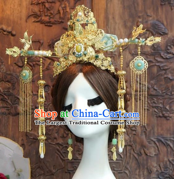 Chinese Handmade Wedding Hair Accessories Ancient Queen Jade Phoenix Coronet Tassel Hairpins Complete Set for Women