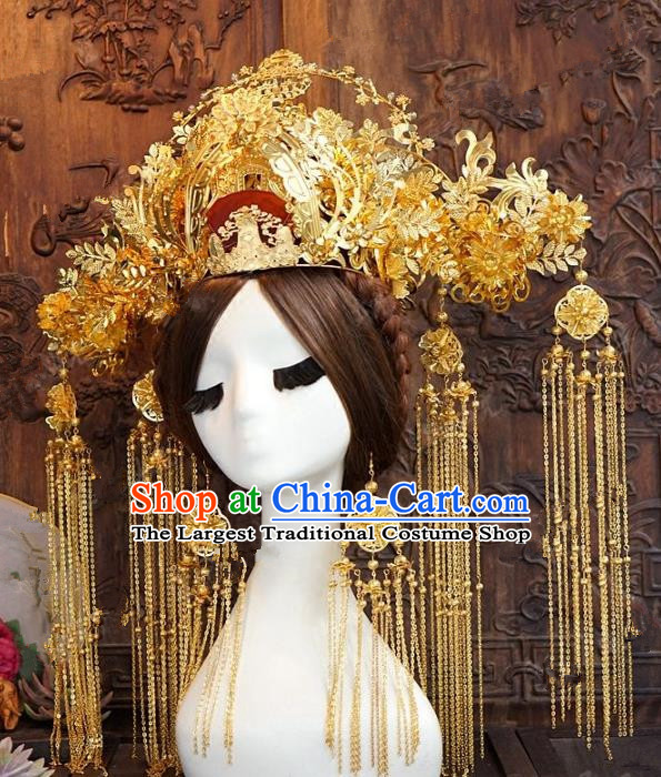 Chinese Handmade Wedding Hair Accessories Ancient Queen Golden Phoenix Coronet Tassel Hairpins Complete Set for Women