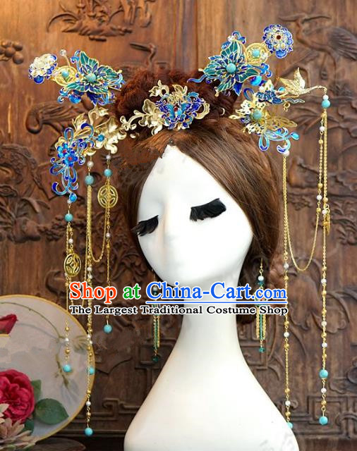 Chinese Handmade Wedding Phoenix Coronet Hair Accessories Ancient Cloisonne Hairpins Complete Set for Women