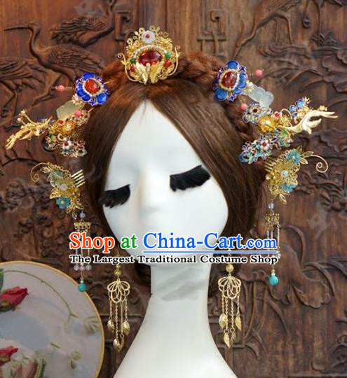 Chinese Handmade Wedding Blueing Hair Clip Hair Accessories Ancient Tassel Hairpins Complete Set for Women