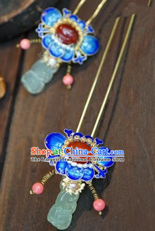 Chinese Handmade Ancient Hair Accessories Ancient Hanfu Blueing Lotus Hair Clip Agate Hairpins for Women
