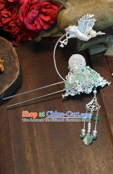 Chinese Handmade Ancient Hair Accessories Ancient Hanfu Crane Jade Hairpins for Women