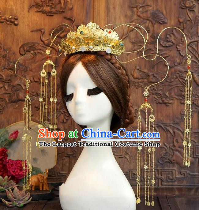 Chinese Ancient Handmade Hanfu Hairpins Wedding Hair Accessories Golden Lotus Phoenix Coronet for Women