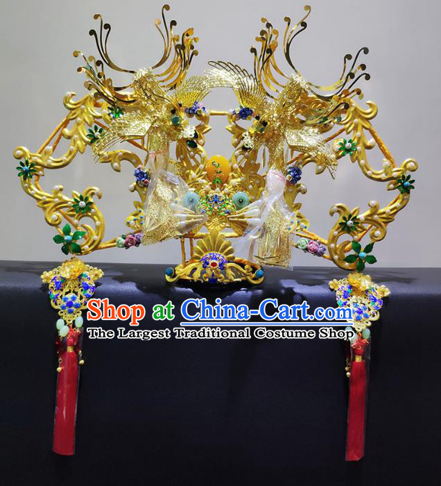 Chinese Ancient Golden Phoenix Coronet Qing Dynasty Palace Lady Handmade Hairpins Hair Accessories for Women