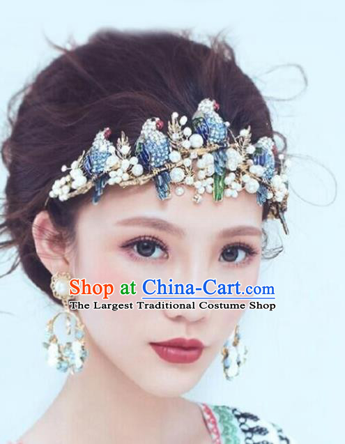 Handmade Bride Baroque Crystal Parrot Royal Crown Wedding Queen Hair Jewelry Accessories for Women