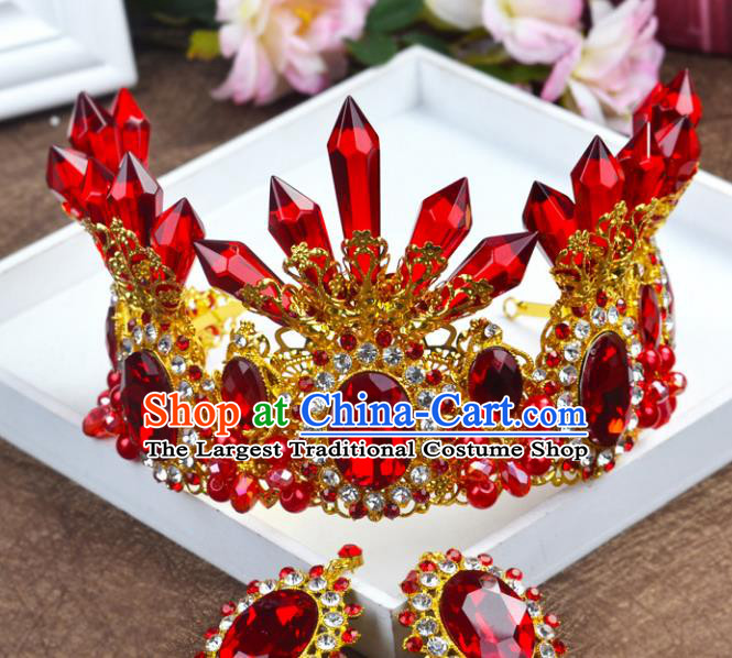 Handmade Baroque Queen Red Crystal Royal Crown Wedding Bride Hair Jewelry Accessories for Women