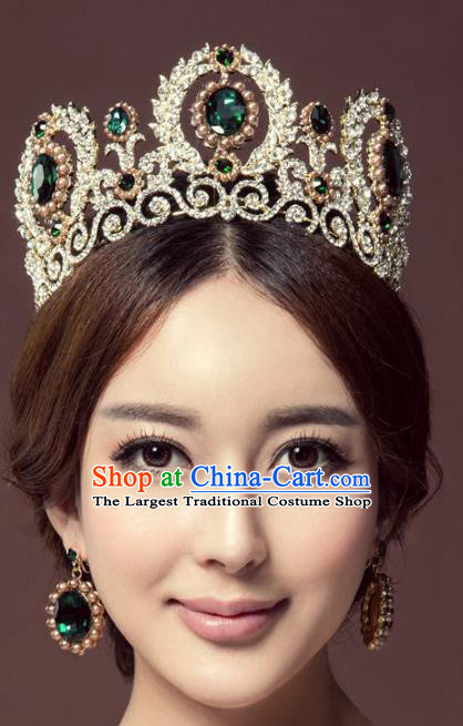 Handmade Baroque Queen Green Crystal Round Royal Crown Wedding Bride Hair Jewelry Accessories for Women