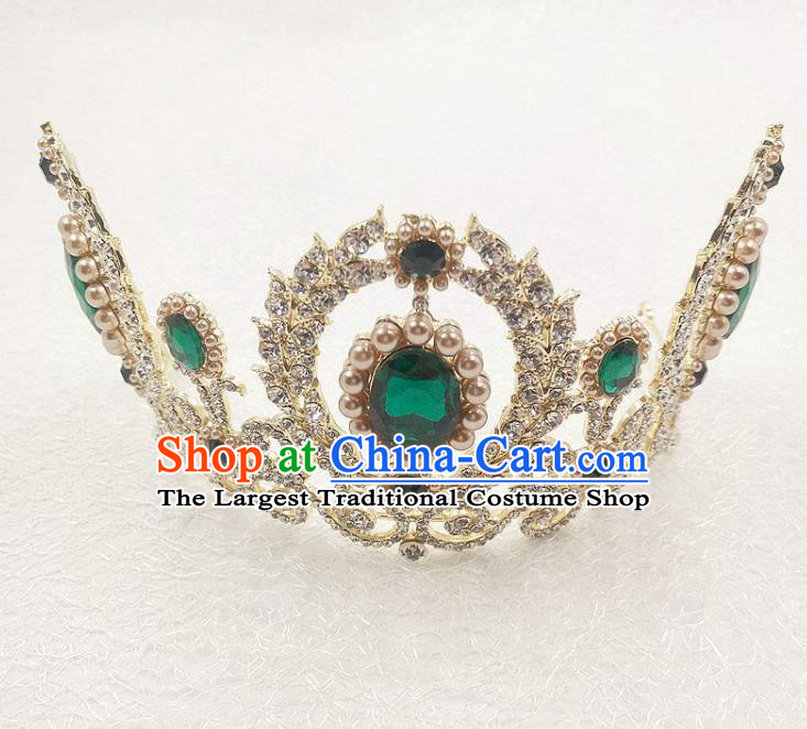 Handmade Baroque Queen Green Crystal Royal Crown Wedding Bride Hair Jewelry Accessories for Women