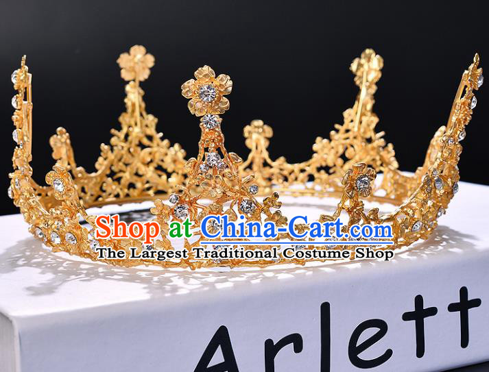 Handmade Wedding Baroque Queen Golden Crystal Royal Crown Bride Hair Jewelry Accessories for Women