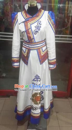 Chinese Traditional Folk Dance Costume Mongol Nationality White Dress for Women