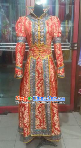 Chinese Traditional Mongolian Folk Dance Costume China Mongol Nationality Red Dress for Women