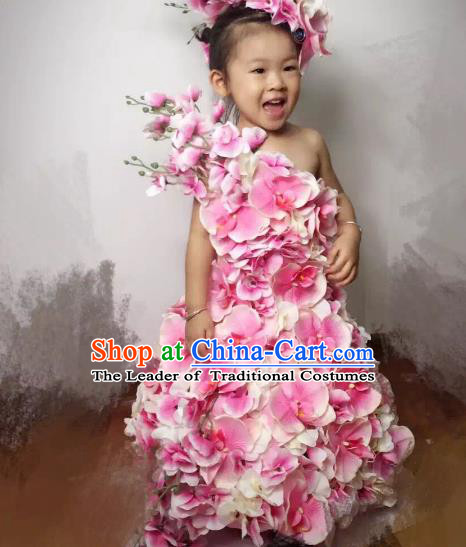 Top Grade Catwalks Costume Stage Performance Model Show Customized Pink Flowers Dress for Kids