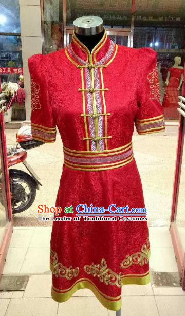 Chinese Traditional Mongolian Costume China Mongol Nationality Folk Dance Red Dress for Women