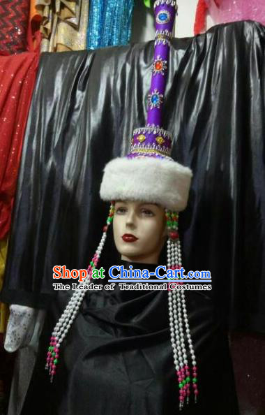 Chinese Traditional Mongolian Folk Dance Purple Hats China Mongol Nationality Bride Wedding Headwear for Women